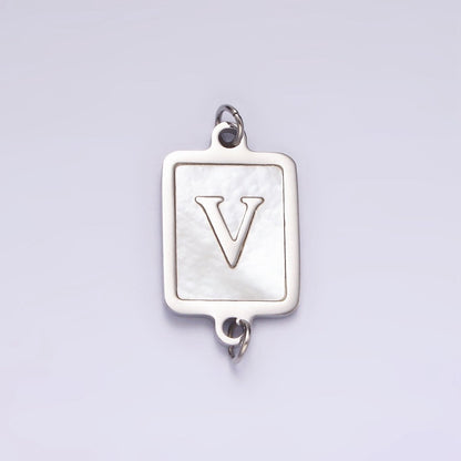 Stainless Steel A-Z Initial Letter Alphabet Shell Pearl Rectangular Silver Connector | A-A1106-A-A1118