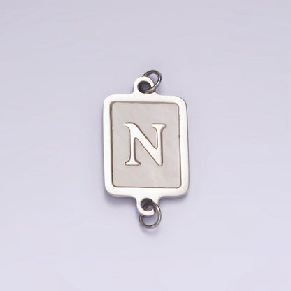 Stainless Steel A-Z Initial Letter Alphabet Shell Pearl Rectangular Silver Connector | A-A1106-A-A1118