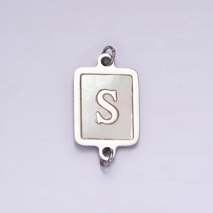 Stainless Steel A-Z Initial Letter Alphabet Shell Pearl Rectangular Silver Connector | A-A1106-A-A1118