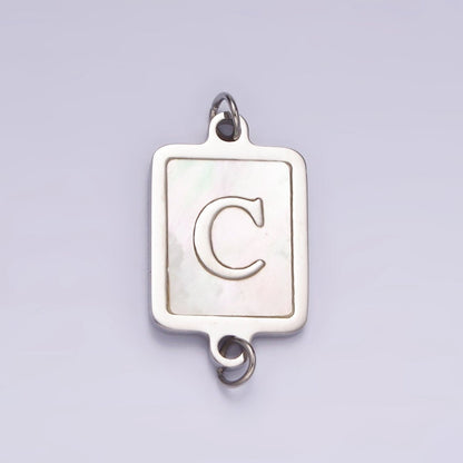 Stainless Steel A-Z Initial Letter Alphabet Shell Pearl Rectangular Silver Connector | A-A1106-A-A1118
