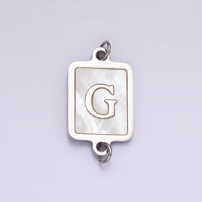 Stainless Steel A-Z Initial Letter Alphabet Shell Pearl Rectangular Silver Connector | A-A1106-A-A1118