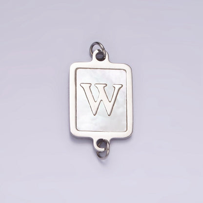 Stainless Steel A-Z Initial Letter Alphabet Shell Pearl Rectangular Silver Connector | A-A1106-A-A1118