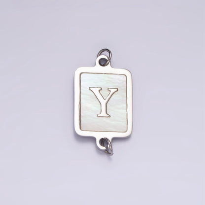 Stainless Steel A-Z Initial Letter Alphabet Shell Pearl Rectangular Silver Connector | A-A1106-A-A1118
