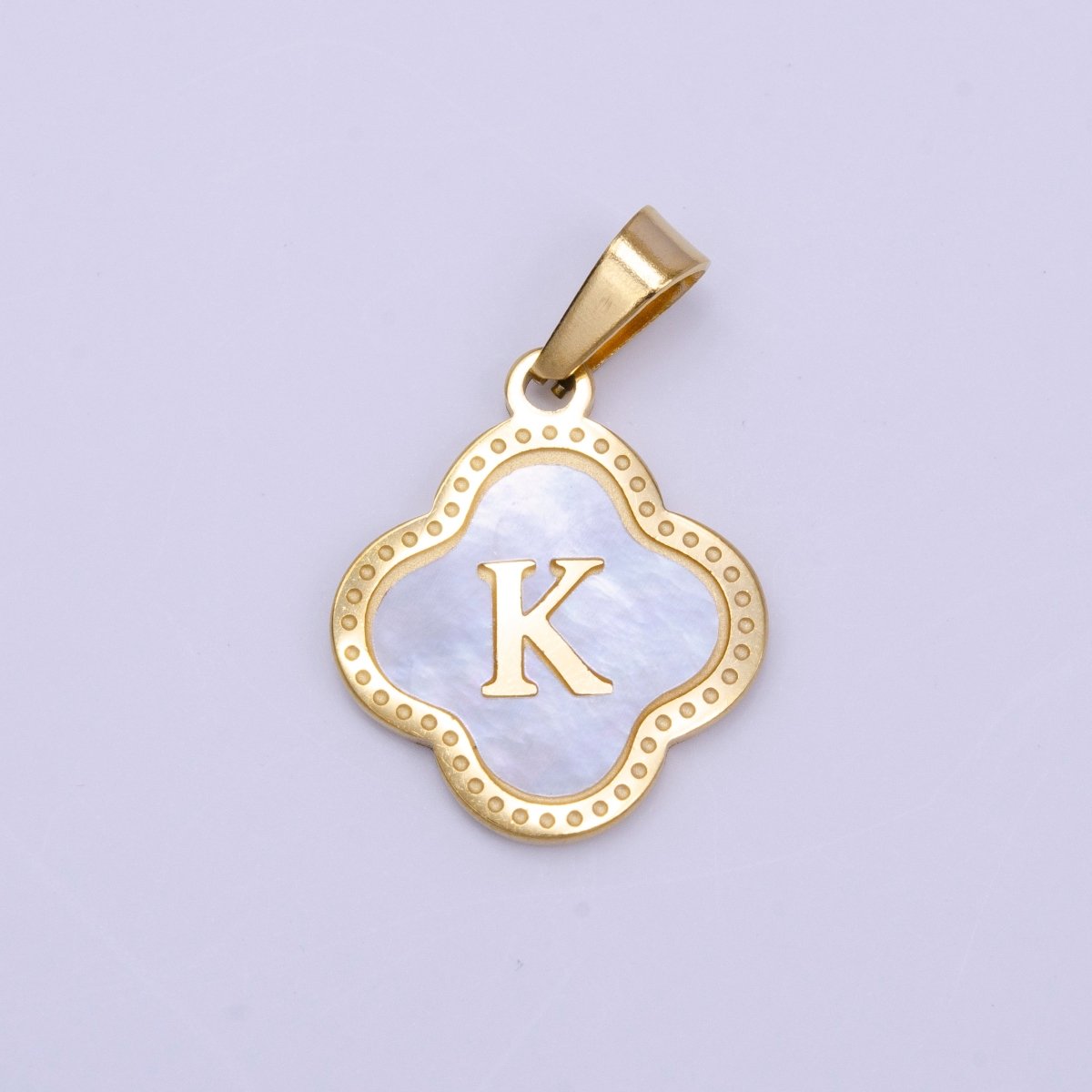 Stainless Steel A-Z Initial Letter Shell Pearl Quatrefoil Clover Gold Pendant | A-741-A-753