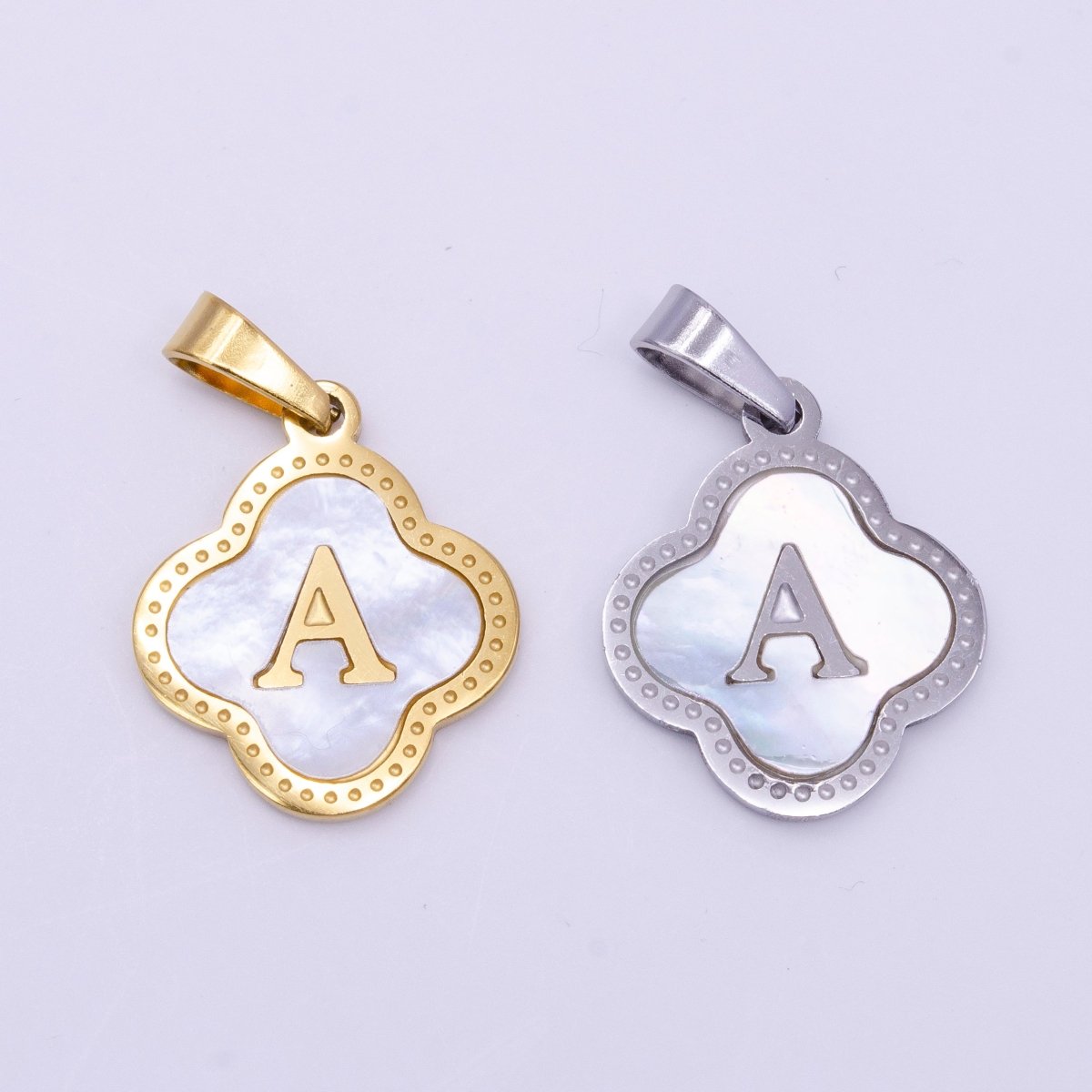 Stainless Steel A-Z Initial Letter Shell Pearl Quatrefoil Clover Gold Pendant | A-741-A-753