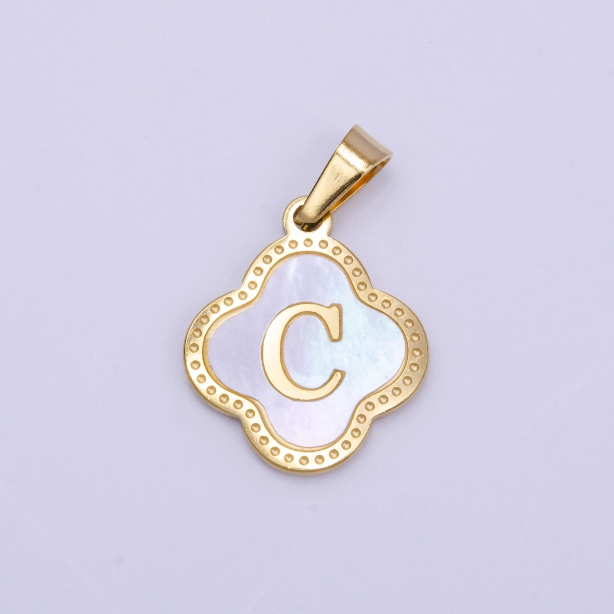 Stainless Steel A-Z Initial Letter Shell Pearl Quatrefoil Clover Gold Pendant | A-741-A-753