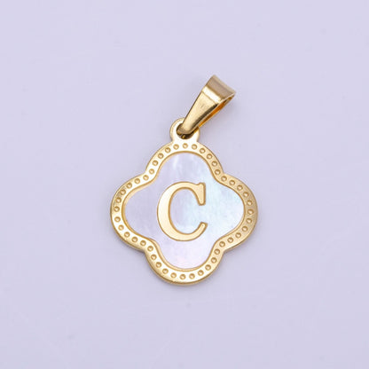 Stainless Steel A-Z Initial Letter Shell Pearl Quatrefoil Clover Gold Pendant | A-741-A-753