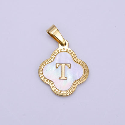 Stainless Steel A-Z Initial Letter Shell Pearl Quatrefoil Clover Gold Pendant | A-741-A-753