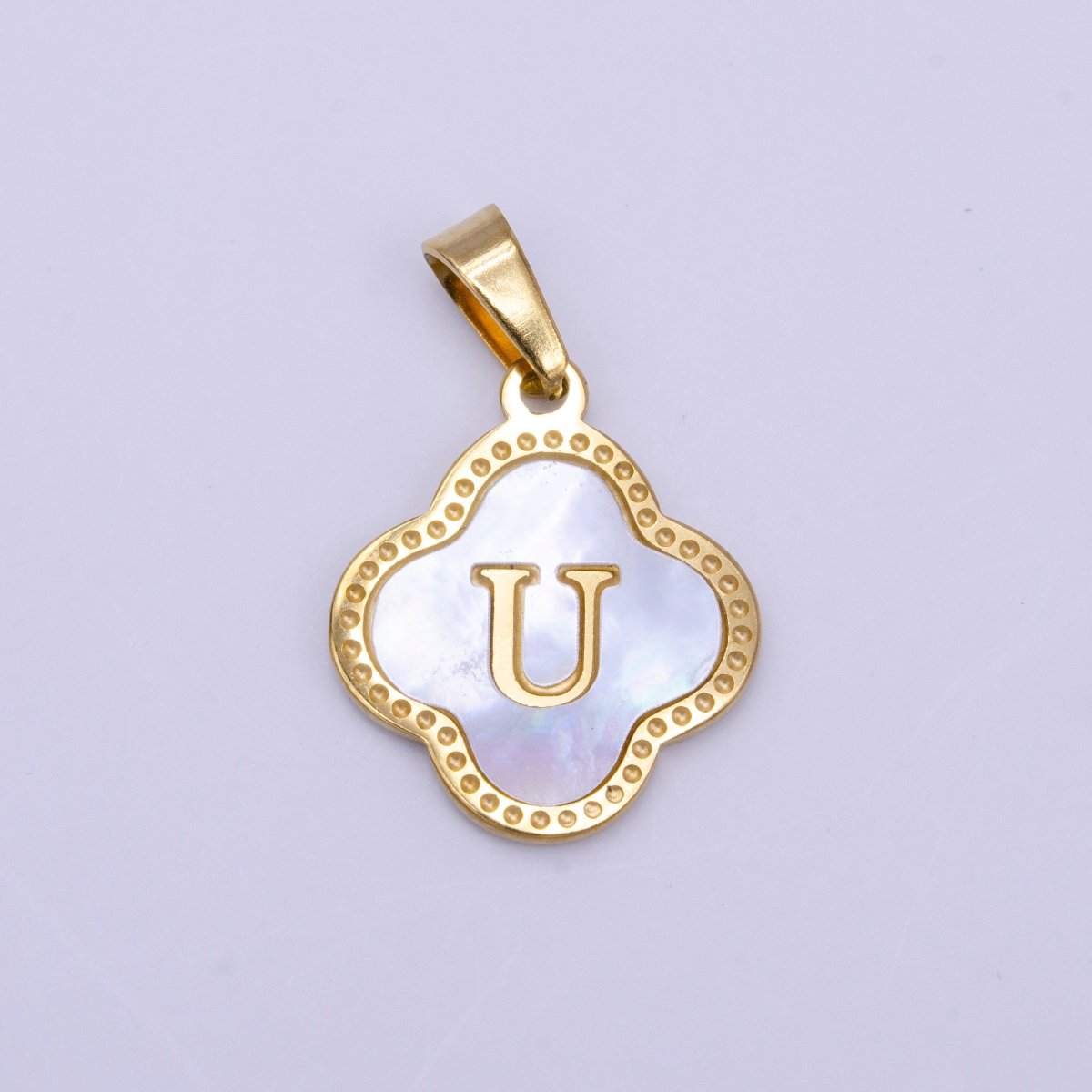 Stainless Steel A-Z Initial Letter Shell Pearl Quatrefoil Clover Gold Pendant | A-741-A-753