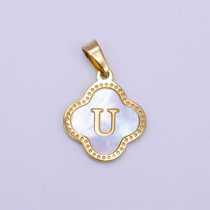 Stainless Steel A-Z Initial Letter Shell Pearl Quatrefoil Clover Gold Pendant | A-741-A-753