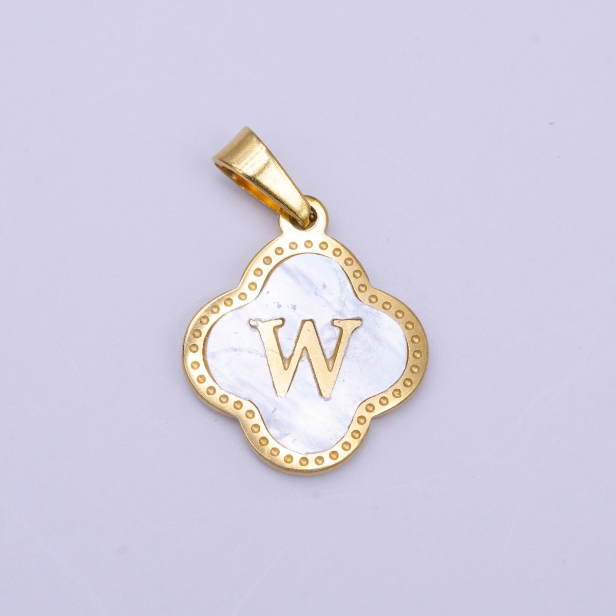 Stainless Steel A-Z Initial Letter Shell Pearl Quatrefoil Clover Gold Pendant | A-741-A-753