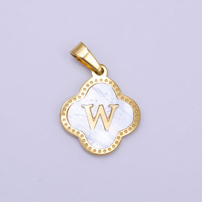 Stainless Steel A-Z Initial Letter Shell Pearl Quatrefoil Clover Gold Pendant | A-741-A-753
