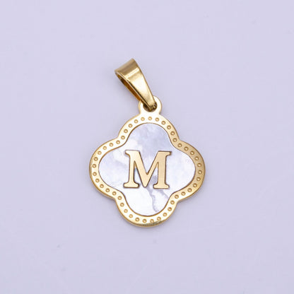 Stainless Steel A-Z Initial Letter Shell Pearl Quatrefoil Clover Gold Pendant | A-741-A-753