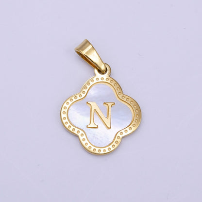 Stainless Steel A-Z Initial Letter Shell Pearl Quatrefoil Clover Gold Pendant | A-741-A-753