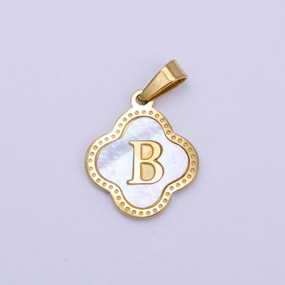 Stainless Steel A-Z Initial Letter Shell Pearl Quatrefoil Clover Gold Pendant | A-741-A-753