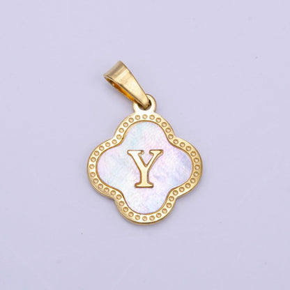 Stainless Steel A-Z Initial Letter Shell Pearl Quatrefoil Clover Gold Pendant | A-741-A-753