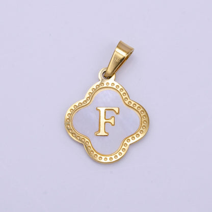 Stainless Steel A-Z Initial Letter Shell Pearl Quatrefoil Clover Gold Pendant | A-741-A-753