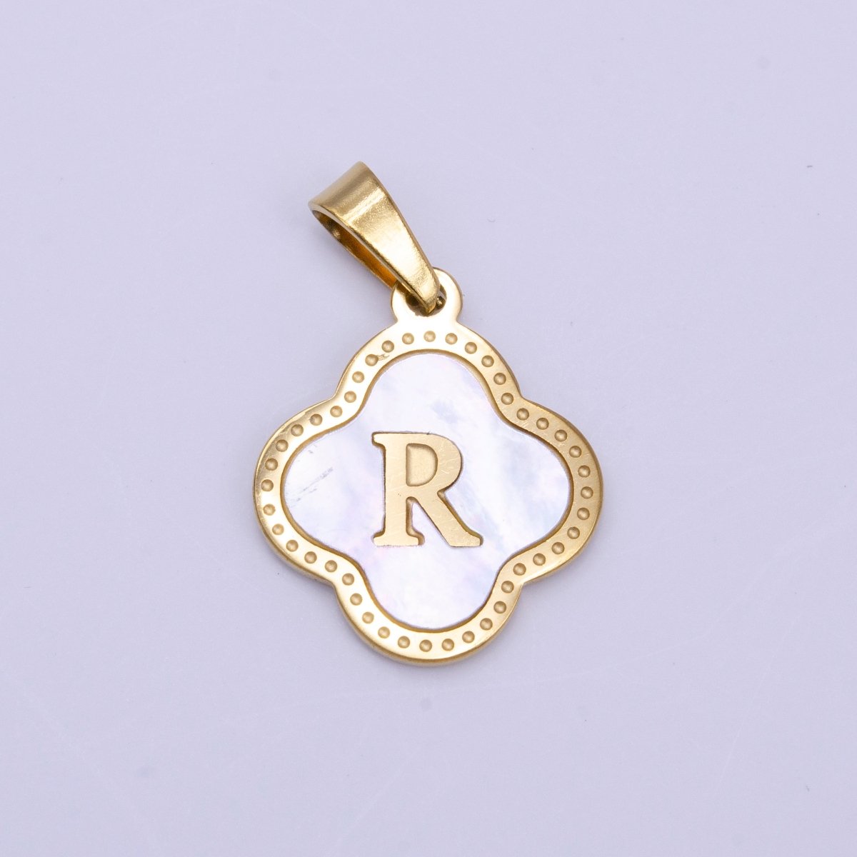 Stainless Steel A-Z Initial Letter Shell Pearl Quatrefoil Clover Gold Pendant | A-741-A-753
