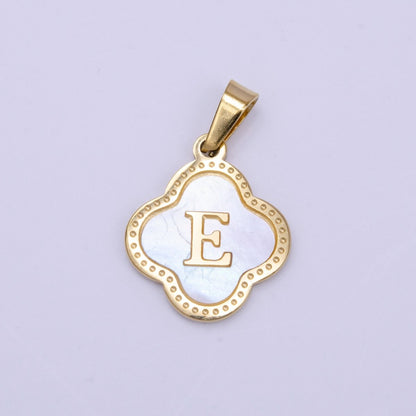 Stainless Steel A-Z Initial Letter Shell Pearl Quatrefoil Clover Gold Pendant | A-741-A-753