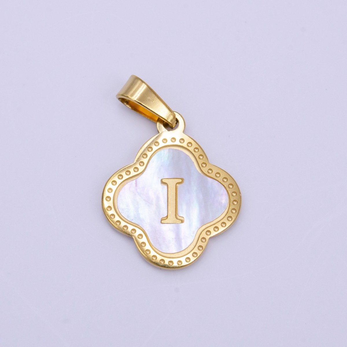 Stainless Steel A-Z Initial Letter Shell Pearl Quatrefoil Clover Gold Pendant | A-741-A-753