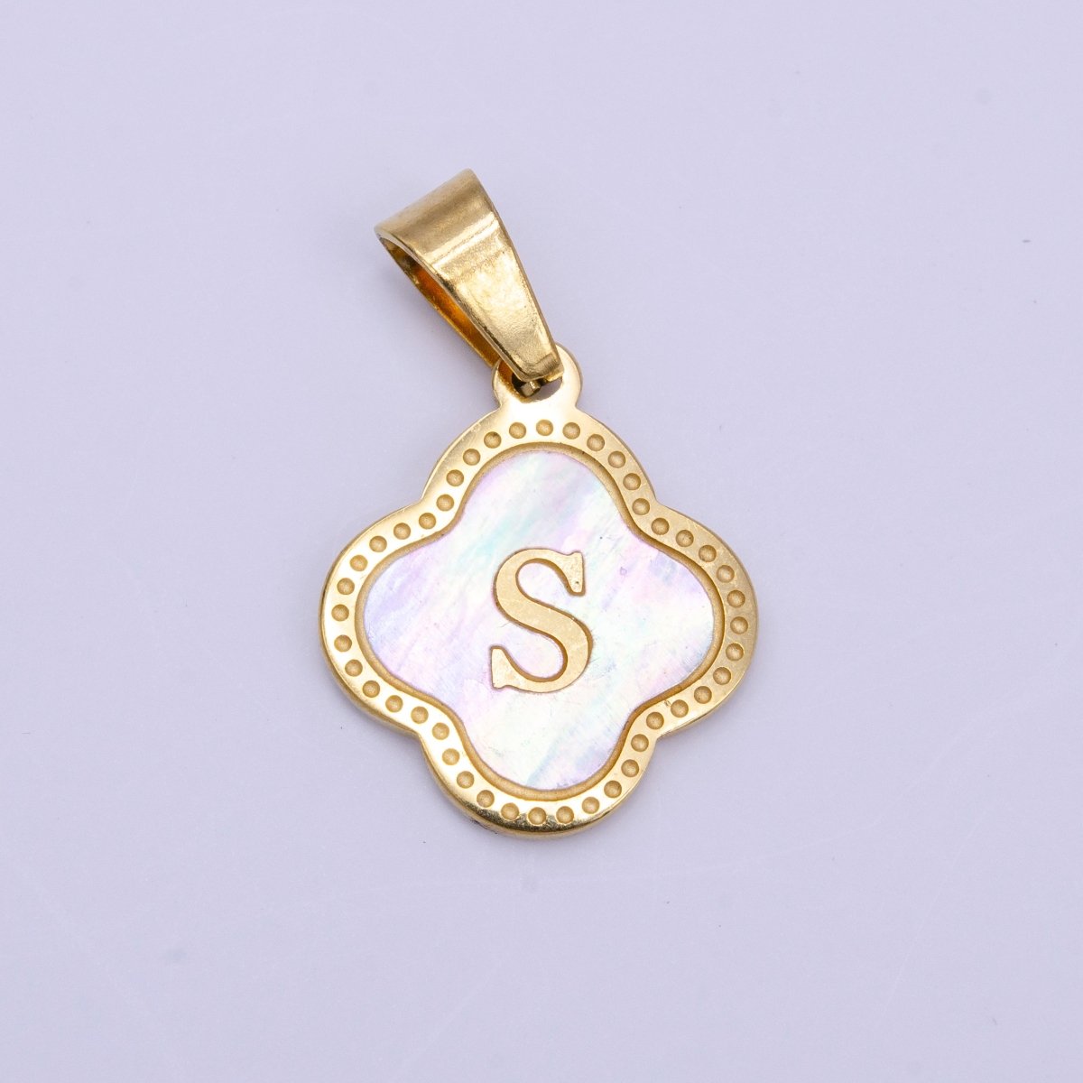 Stainless Steel A-Z Initial Letter Shell Pearl Quatrefoil Clover Gold Pendant | A-741-A-753