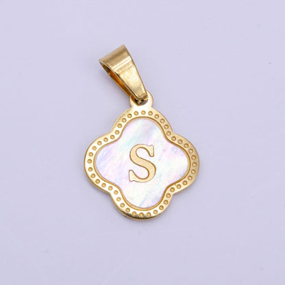 Stainless Steel A-Z Initial Letter Shell Pearl Quatrefoil Clover Gold Pendant | A-741-A-753