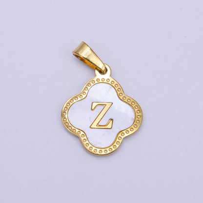 Stainless Steel A-Z Initial Letter Shell Pearl Quatrefoil Clover Gold Pendant | A-741-A-753