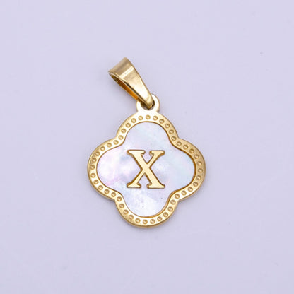 Stainless Steel A-Z Initial Letter Shell Pearl Quatrefoil Clover Gold Pendant | A-741-A-753