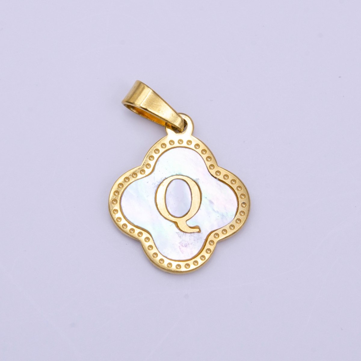 Stainless Steel A-Z Initial Letter Shell Pearl Quatrefoil Clover Gold Pendant | A-741-A-753