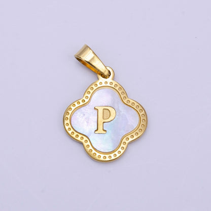 Stainless Steel A-Z Initial Letter Shell Pearl Quatrefoil Clover Gold Pendant | A-741-A-753