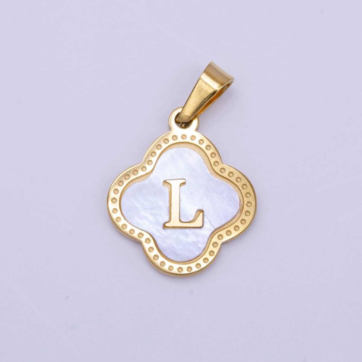 Stainless Steel A-Z Initial Letter Shell Pearl Quatrefoil Clover Gold Pendant | A-741-A-753