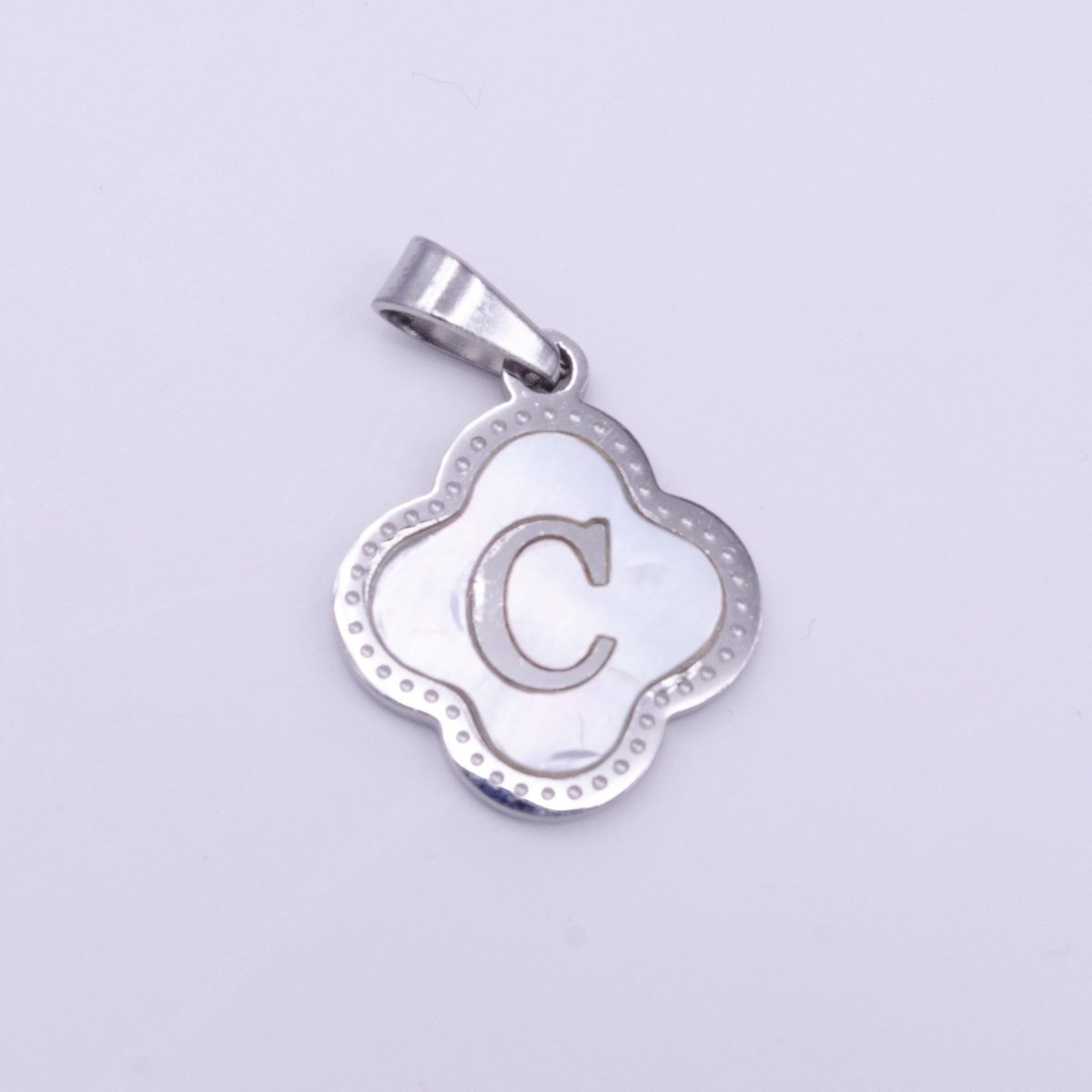 Stainless Steel A-Z Initial Letter Shell Pearl Quatrefoil Clover Silver Pendant Lucky Charm | A-754-A-766