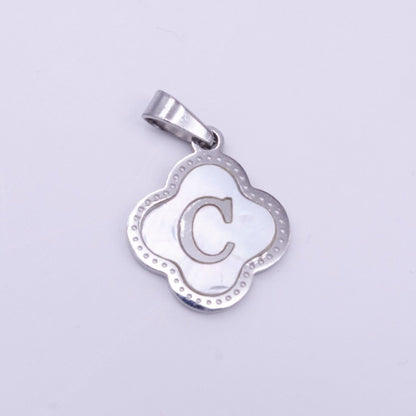 Stainless Steel A-Z Initial Letter Shell Pearl Quatrefoil Clover Silver Pendant Lucky Charm | A-754-A-766