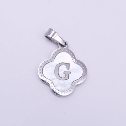 Stainless Steel A-Z Initial Letter Shell Pearl Quatrefoil Clover Silver Pendant Lucky Charm | A-754-A-766