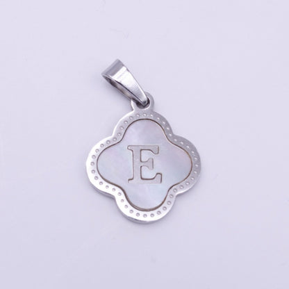 Stainless Steel A-Z Initial Letter Shell Pearl Quatrefoil Clover Silver Pendant Lucky Charm | A-754-A-766
