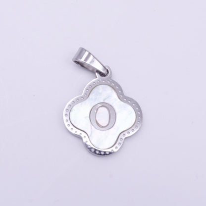Stainless Steel A-Z Initial Letter Shell Pearl Quatrefoil Clover Silver Pendant Lucky Charm | A-754-A-766