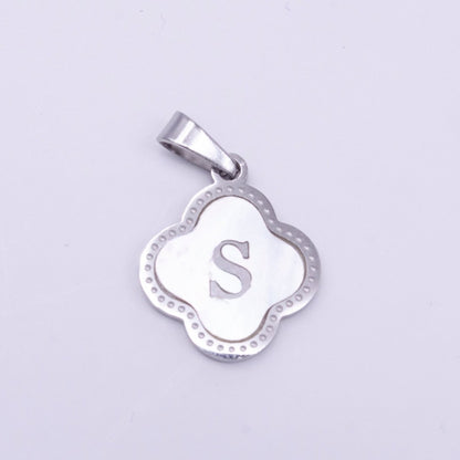 Stainless Steel A-Z Initial Letter Shell Pearl Quatrefoil Clover Silver Pendant Lucky Charm | A-754-A-766