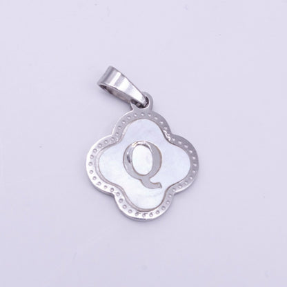 Stainless Steel A-Z Initial Letter Shell Pearl Quatrefoil Clover Silver Pendant Lucky Charm | A-754-A-766