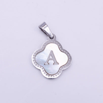 Stainless Steel A-Z Initial Letter Shell Pearl Quatrefoil Clover Silver Pendant Lucky Charm | A-754-A-766