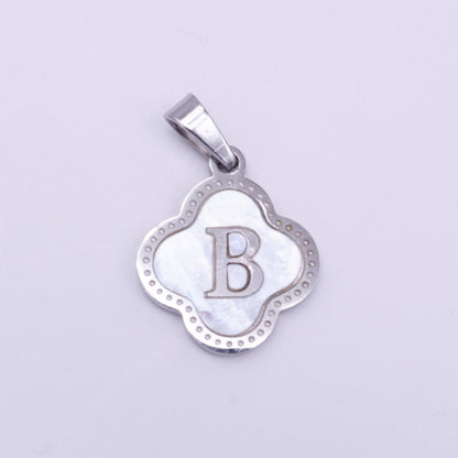 Stainless Steel A-Z Initial Letter Shell Pearl Quatrefoil Clover Silver Pendant Lucky Charm | A-754-A-766