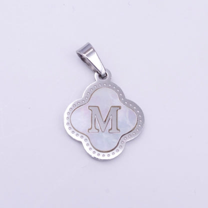Stainless Steel A-Z Initial Letter Shell Pearl Quatrefoil Clover Silver Pendant Lucky Charm | A-754-A-766