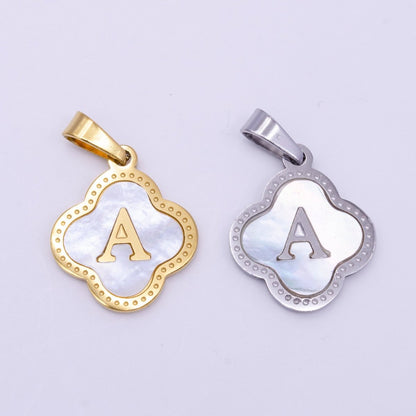 Stainless Steel A-Z Initial Letter Shell Pearl Quatrefoil Clover Silver Pendant Lucky Charm | A-754-A-766