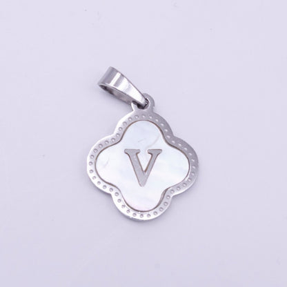Stainless Steel A-Z Initial Letter Shell Pearl Quatrefoil Clover Silver Pendant Lucky Charm | A-754-A-766