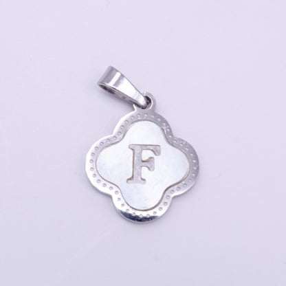 Stainless Steel A-Z Initial Letter Shell Pearl Quatrefoil Clover Silver Pendant Lucky Charm | A-754-A-766