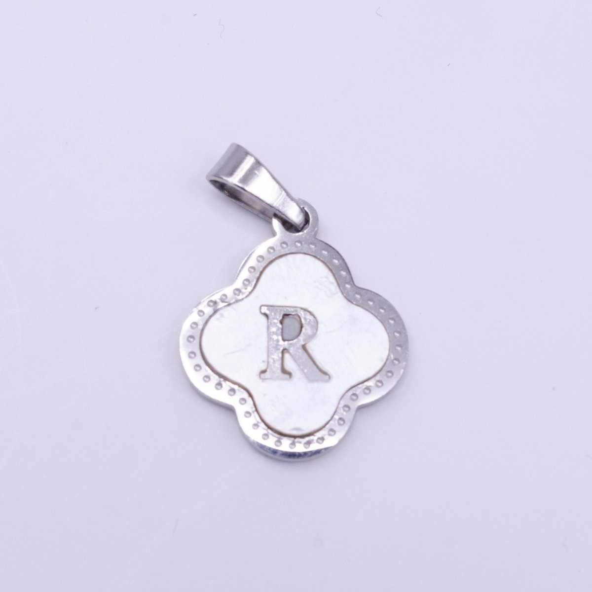 Stainless Steel A-Z Initial Letter Shell Pearl Quatrefoil Clover Silver Pendant Lucky Charm | A-754-A-766