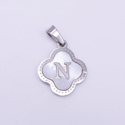 Stainless Steel A-Z Initial Letter Shell Pearl Quatrefoil Clover Silver Pendant Lucky Charm | A-754-A-766