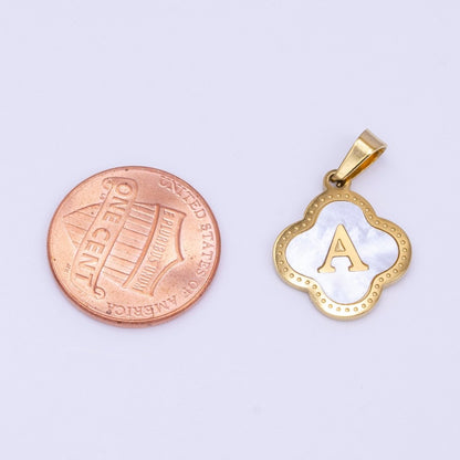 Stainless Steel A-Z Initial Letter Shell Pearl Quatrefoil Clover Silver Pendant Lucky Charm | A-754-A-766