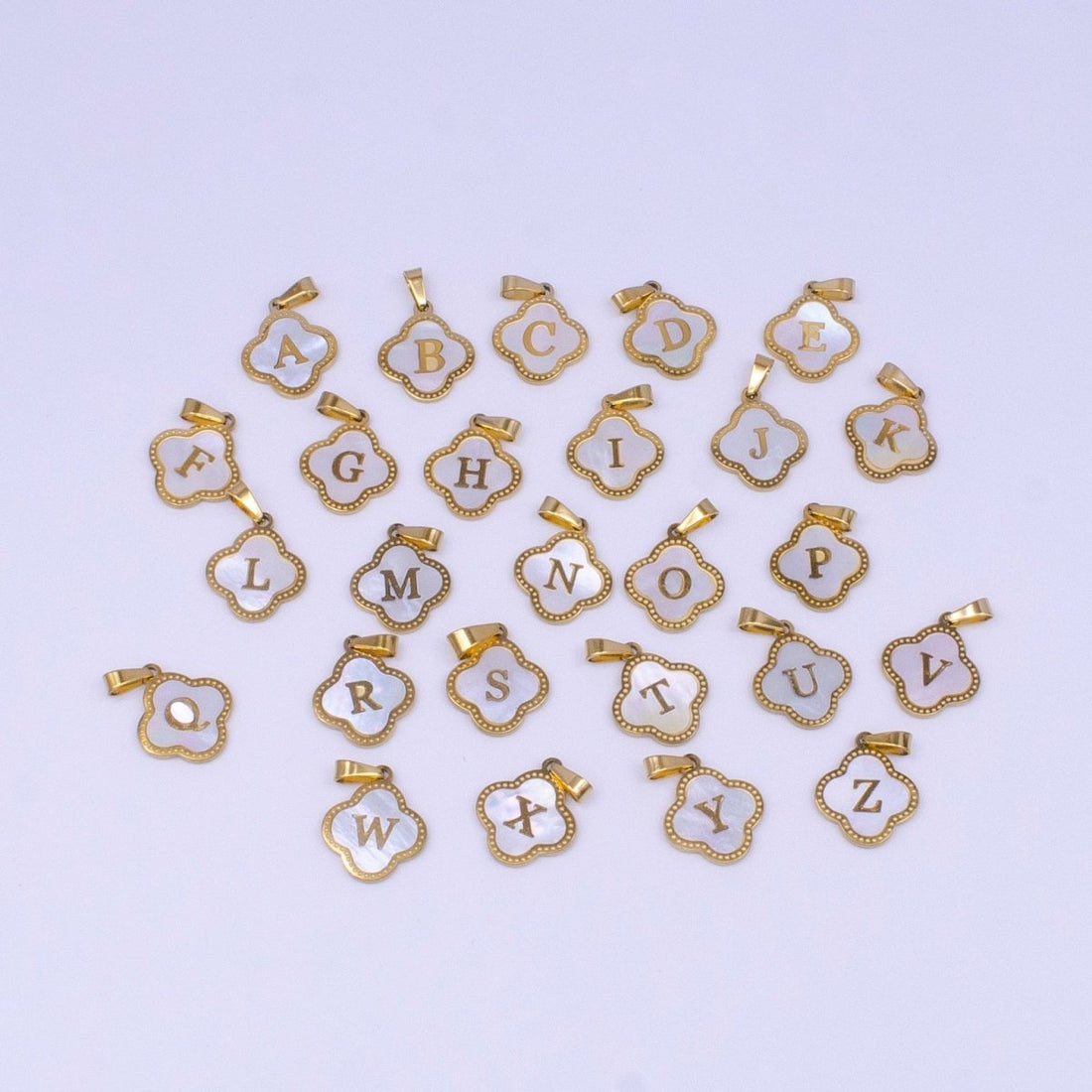 Stainless Steel A-Z Initial Letter Shell Pearl Quatrefoil Clover Silver Pendant Lucky Charm | A-754-A-766