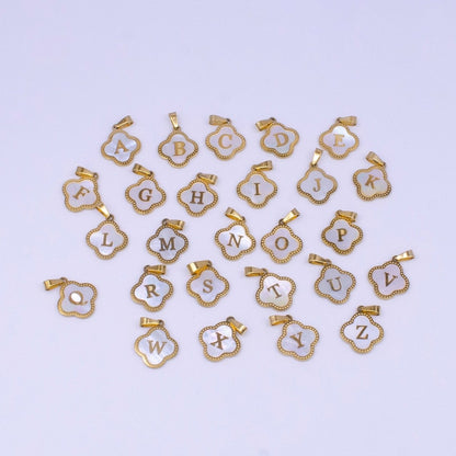 Stainless Steel A-Z Initial Letter Shell Pearl Quatrefoil Clover Silver Pendant Lucky Charm | A-754-A-766