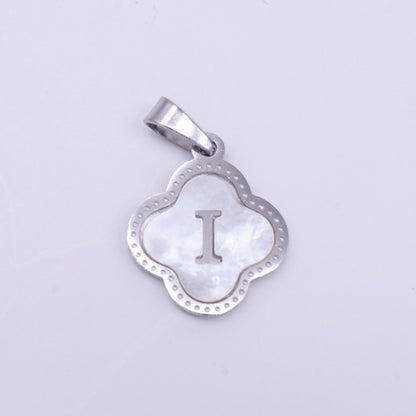Stainless Steel A-Z Initial Letter Shell Pearl Quatrefoil Clover Silver Pendant Lucky Charm | A-754-A-766